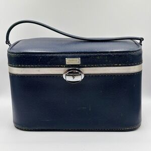 Vintage Amelia Earhart Train Case Navy Blue Hard Shell Vanity Makeup Travel Bag